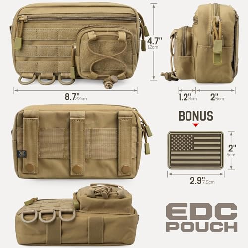 Molle Admin Pouch for Tactical Backpack, EDC Tool Pouch Organizer, Tactical Admin Pouch Molle, Belt Zipper Utility Waist Bag, Horizontal Phone Pouch with US Flag Patch - color: Khaki