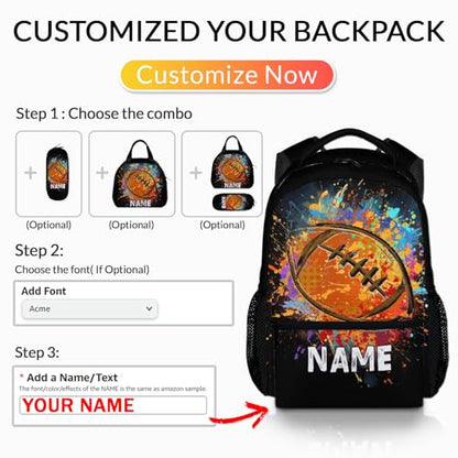 Boys School Backpack Personalized Kids Football Backpacks Bookbag Back to School Supplies, Custom Name Cool Sport Back Pack for Travel Camping Casual (17 Inches) - color: Color 2-1