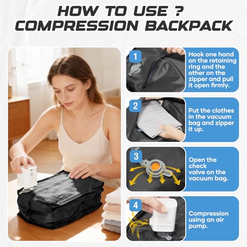 Travel Backpack with Compression Vacuum Storage Bag & Electric Pump, Expandable Flight Approved Carry On Backpack, 18x14x8 inches Personal Item Travel Bag for Men Women, Black - color: Black