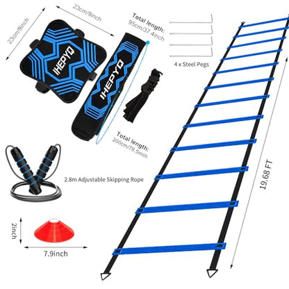 IHEPYQ Soccer Agility Training Equipment Set, 12 Rung 20Ft Agility Ladder, 12 Disc Cones, 4 Steel Stakes, Solo Soccer Trainer, Jump Rope - Speed Training Equipment for Soccer Football Basketball - color: Blue