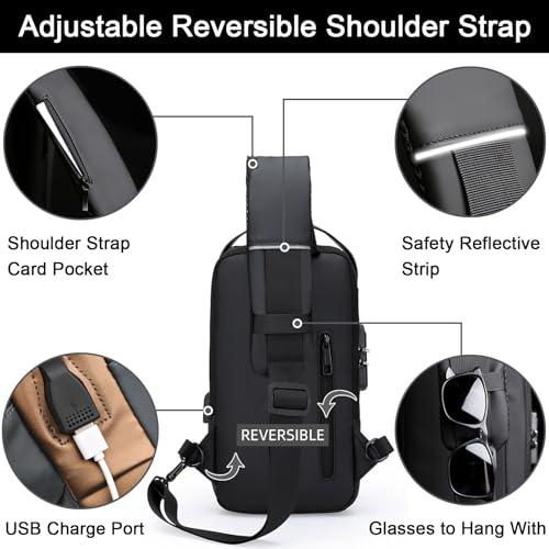 Sling Bag for Men Anti-theft USB Crossbody Shoulder Backpack Purse Waterproof PU Leather Chest Bag Travel Daily Use - color: Brown