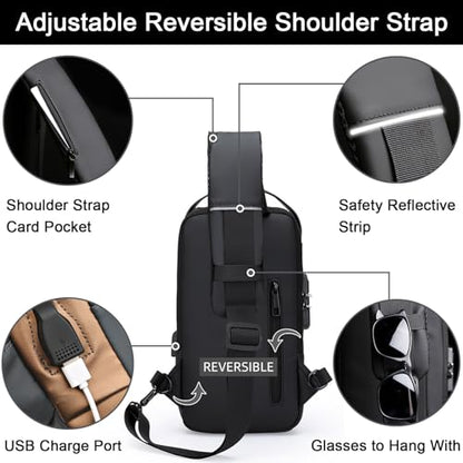 Sling Bag for Men Anti-theft USB Crossbody Shoulder Backpack Purse Waterproof PU Leather Chest Bag Travel Daily Use - color: Brown