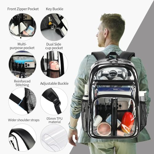 Cusangel Clear TPU XL Backpack,18" See Through Heavy Duty Bookbag,18 x8 x13inch X-Large Capacity Stadiums, warehouses,other security check locations(Black) - color: Black-a-18in