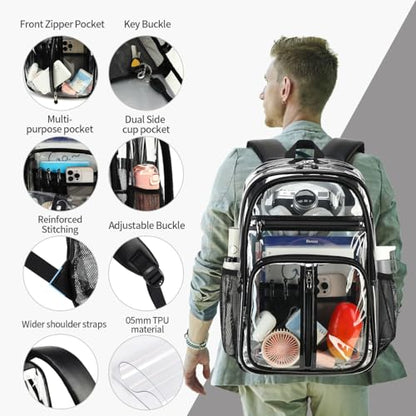 Cusangel Clear TPU XL Backpack,18" See Through Heavy Duty Bookbag,18 x8 x13inch X-Large Capacity Stadiums, warehouses,other security check locations(Black) - color: Black-a-18in