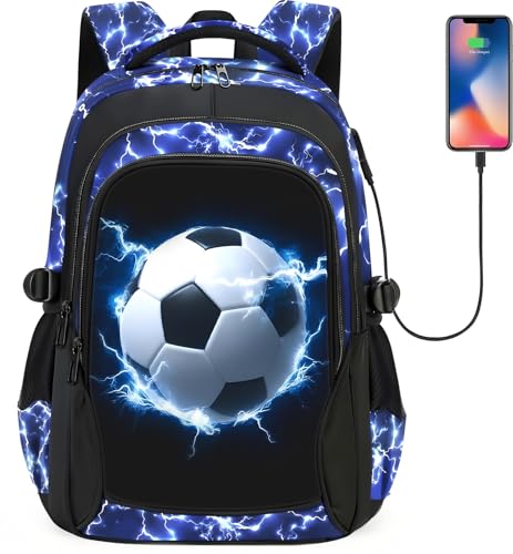 School Backpack for Boys - Soccer Boys Backpack for Kids Teens Elementary Middle School，18" Large Capacity Waterproof Bookbag with Usb Charging Port, Travel Daypack for age 6-18 - color: Soccer-backpack Only