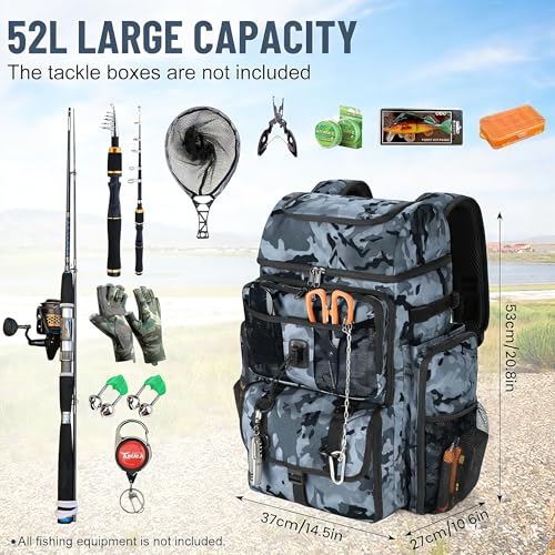 VJI 52L Large Fishing Tackle Backpack with Rod Holders, Black Camo - color: Black Camo