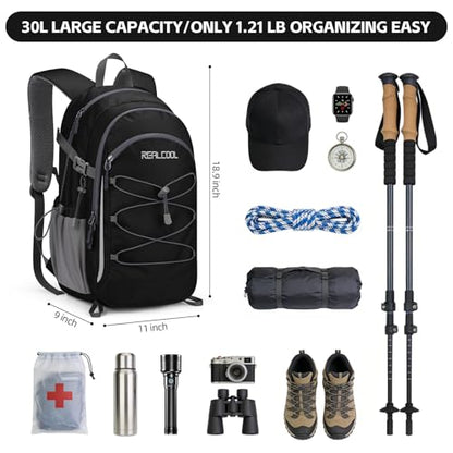 RealCool 30L Lightweight Hiking Backpack, Waterproof Daypack for Camping | 210D tear-resistant nylon, breathable shoulder and back panel, Multi-Compartment,hydration system,reflective strip,bungee net - color: Black, size: 30L