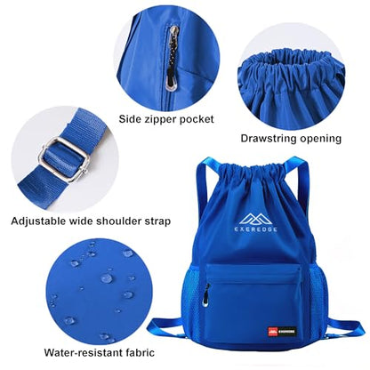 Drawstring Backpack for Women Men Sport Gym Bag Water Resistant Backpack Sandproof Beach Bag With Mesh Pockets (Blue) - color: Blue