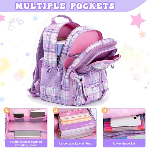 Kids Backpack for Girls,Cute Plaid Backpack,Preppy Bookbag for Elementary & Middle School Students,Large Capacity School Bag,17 Inch,Purple - color: Purple