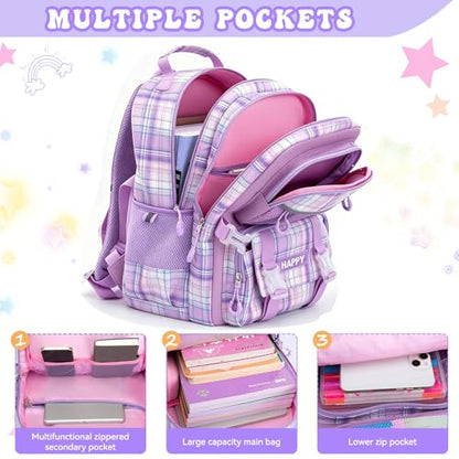 Kids Backpack for Girls,Cute Plaid Backpack,Preppy Bookbag for Elementary & Middle School Students,Large Capacity School Bag,17 Inch,Purple - color: Purple