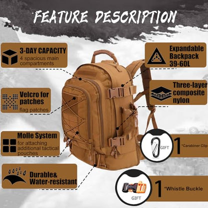 Expandable 40-64L Military Tactical Backpack 3 Day Bag Hiking Gym Sport Camping - color: Tan