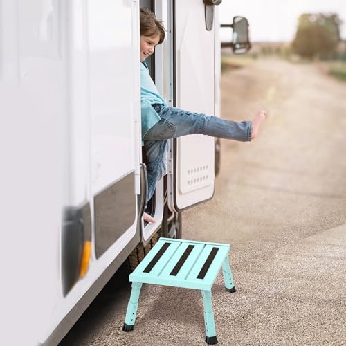 Adjustable Height Aluminum RV Step, Stable Foldable Platform Step Stool, Supports Up to 1,000 lb, Non-Slip Rubber Feet and Platform Mat, Easy to Carry (Green) - color: Green
