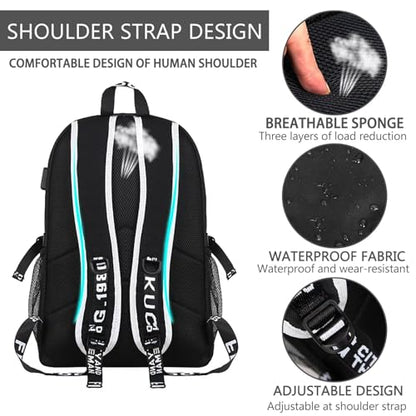 Luminous Pattern Travel Laptop Backpack - Adjustable Shoulder Strap Waterproof Black Backpack With Usb Charging Port & Headphone Port School Backpack Includes Pencil Bag,combination Lock
