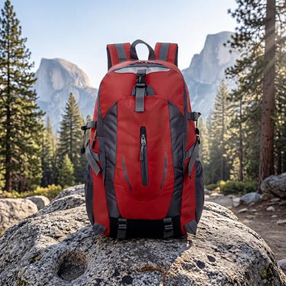 Hiking Backpack, Water Resistant Lightweight Outdoor Daypack with Breathable Padded Back, Multi-Pocket Travel Backpack for Camping Climbing Sports (Red) - color: Red