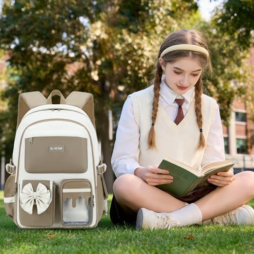 School Backpack for Girls 3PCS Nylon Kids Backpack Set with Lunch Box & Pencil Pouch, Cute Lightweight Teen Girls School Bag Laptop Bag Travel Daypack for Elementary Middle High School Beige Brown - color: Brown