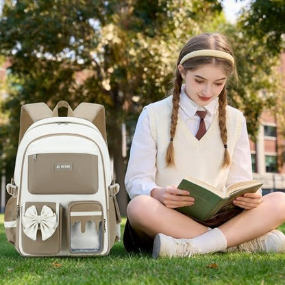 School Backpack for Girls 3PCS Nylon Kids Backpack Set with Lunch Box & Pencil Pouch, Cute Lightweight Teen Girls School Bag Laptop Bag Travel Daypack for Elementary Middle High School Beige Brown - color: Brown