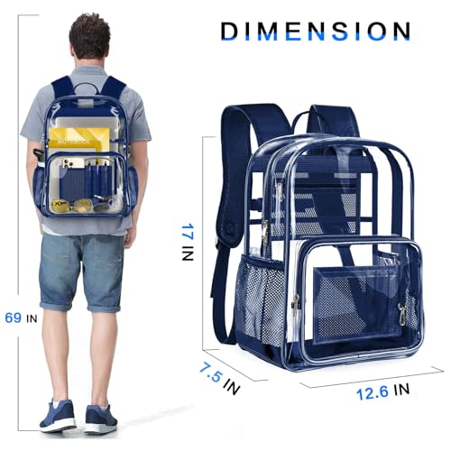 Clear Backpack, Heavy Duty Transparent Backpack with Reinforced Bottom See Through Bag for College, Travel, Workplace Security - Navy - color: Navy