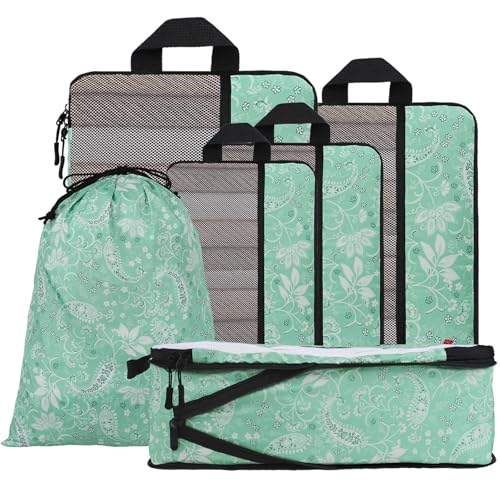 U+U 6 Set Compression Packing Cubes - Ultralight Travel Organizers with Laundry Bag, Space-Saving Suitcase Organizer, Expandable Packing Cubes for Travel, Business Trip and Vacation (Green Paisley) - color: Green Paisley, size: 6 Set