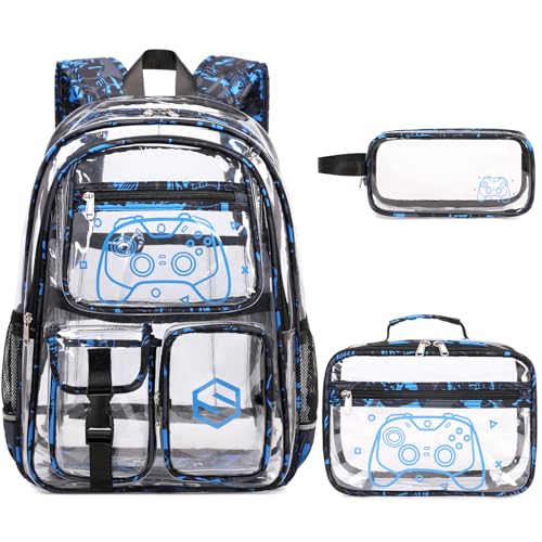 DIGOBAY 3PCS Cool Luminous Clear Backpack for Boys Kids, Gamer Clear Bookbag for School, See Through PVC Transparent Backpacks with Lunch Bag Pencil Case, Backpack Heavy Duty for School Stadium - color: Blue Camo