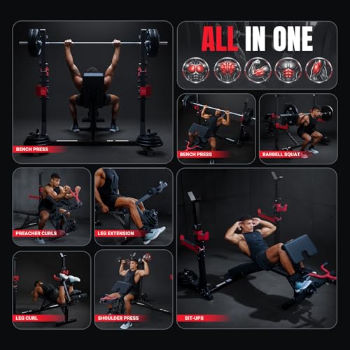 YOLEO Weight Bench with Rack - Bench Press Set, Leg Extension, Preacher Curl & Flat/Incline/Decline Full Body Workout Bench, Adjustable Olympic Weight Benches for Home Gym(47.44IN WIDE GRIP)