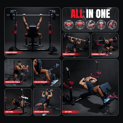 YOLEO Weight Bench with Rack - Bench Press Set, Leg Extension, Preacher Curl & Flat/Incline/Decline Full Body Workout Bench, Adjustable Olympic Weight Benches for Home Gym(47.44IN WIDE GRIP)