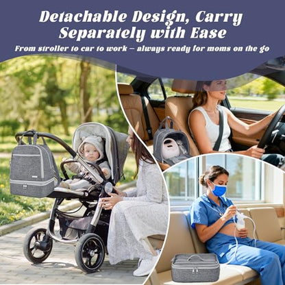 Breast Pump Bag with Insulated Cooler, Double-Layer Pumping Bag for Work & Travel, Fits Most Electric Breast Pumps, Includes 10 Ice Packs & Waterproof Mat, Detachable Bottle Cooler Tote, Grey - color: Grey