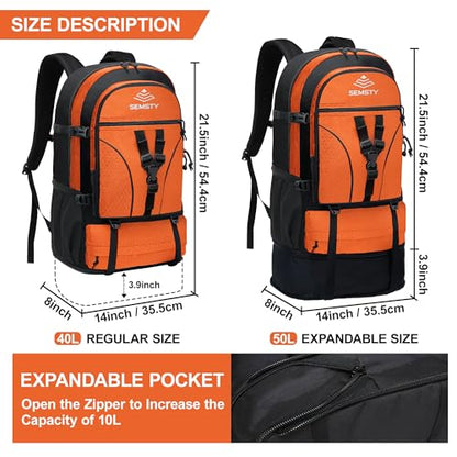 40L/50L Expandable Hiking Backpack for Men and Women, Travel Camping Backpack Flight Approved - color: 40l+10l Orange