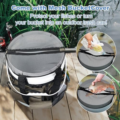 Fishing Bucket Organizer with Bucket Cover Fishing Tackle Bag with Rod & Plier Holder, Multi-Pockets for 5 Gallon Bucket Fishing Gear & Accessories Father Gifts - color: Khaki