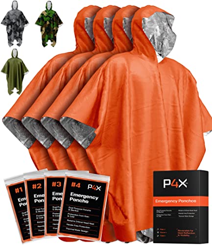 PREPARED4X Emergency Mylar Poncho – Survival Rain Poncho with Hood – Lightweight, Compact, Reusable Emergency Blanket Poncho for Hiking, Camping, Thermal Gear, Car Kit, Outdoors - color: Orange