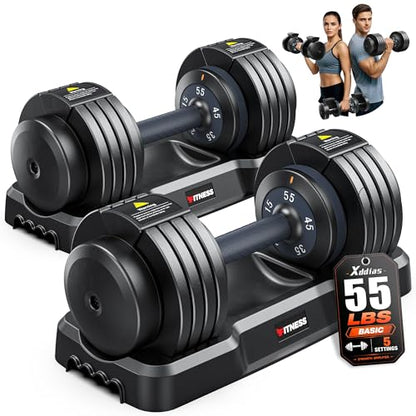 XDDIAS Adjustable Dumbbells Set of 2 for Strength Training, One-Hand Quick Adjust, 25/55/80/90 lbs Options, Anti-Slip Grip Handle, Compact Home Gym Weights for Men Women - color: Basic Black 5-Level 55LB Pair
