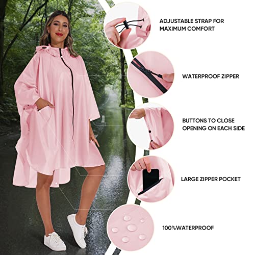 PTEROMY Hooded Rain Poncho for Adult with Pocket and Zipper, Waterproof Lightweight Raincoat for Men and Women - color: Pink