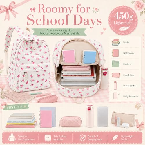 LEDAOU School Backpack for Teen Girls Elementary Middle School Bookbag Kids Backpacks Women Laptop Backpack Travel Daypack (Flower Bow - Beige) - color: Flower Bow - Beige