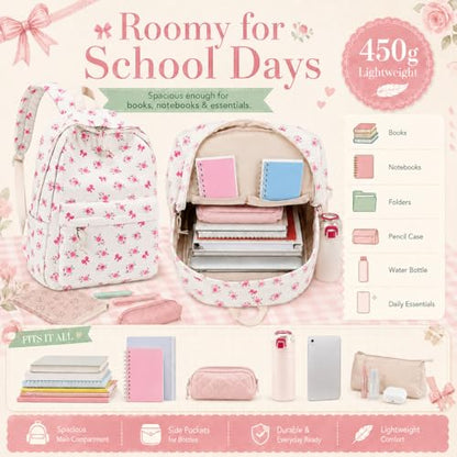LEDAOU School Backpack for Teen Girls Elementary Middle School Bookbag Kids Backpacks Women Laptop Backpack Travel Daypack (Flower Bow - Beige) - color: Flower Bow - Beige