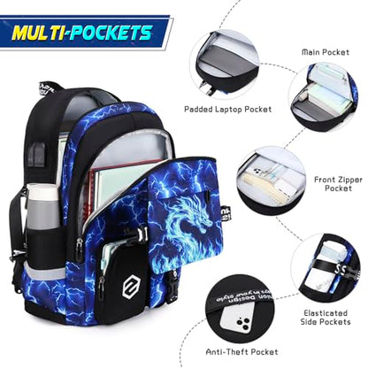 Scothen Boys Backpack, Cool Luminous School Backpacks for Boys with Lunch Bag Pencil Case, Kids Backpack Kindergarten Elementary Middle School Book Bags for Teen Boy Children with USB Charging Port - color: Blue Dragon