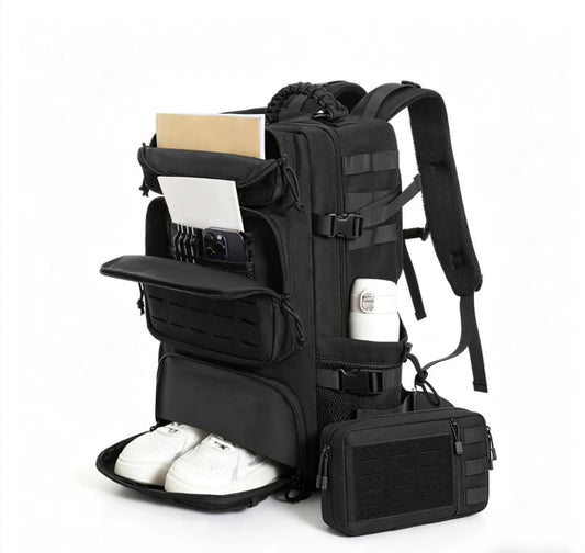 35L Tactical Backpack with Shoe Compartment & Molle Admin Pouch Combo – 1000D Water Resistant Military Backpack for Laptop 15.6” + Laser Cut EDC Tool Organizer Bag – Outdoor Hiking Gym Assault