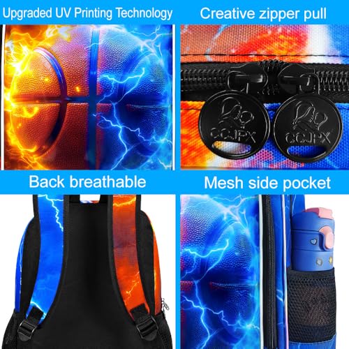 AGSDON 3PCS Basketball Backpack for Boys, 17" Kids Bookbag with Lunch Box for Boy, Flame Thunder Backpacks Water Resistant and Lightweight for Teen - color: Basketball