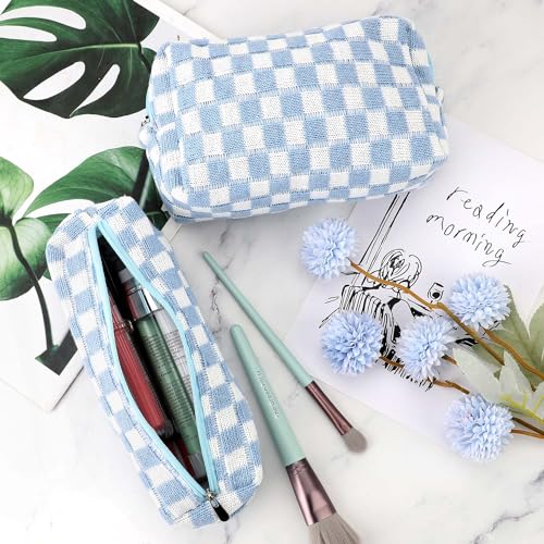 3 Pcs Makeup Bag Cosmetic Bag Set for Girls Women Checkered Travel Organizer Bathroom Toiletry Pouch Large Capacity Storage Bag (Blue-White) - color: Blue-White