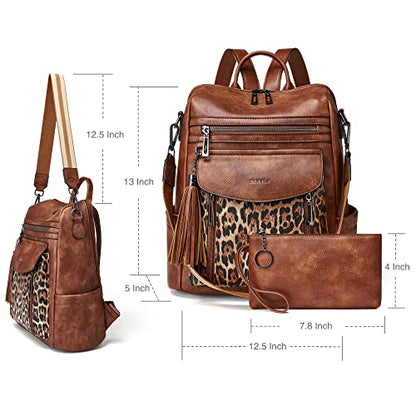 Shrrie Backpack Purse for Women Fashion Leather Backpack Purse Designer Travel Backpack Convertible Shoulder Bag with Wristlet - color: 1-9 Brown With Leopard