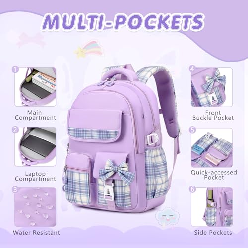 GeeWin School Backpack for Girls, Bookbags Back Pack School Bag for Teen Girl Elementary Middle School Student, Cute Stylish Plaid Girls Backpack with Matching Insulated Lunch Bag & Pencil Bag(Purple) - color: Purple