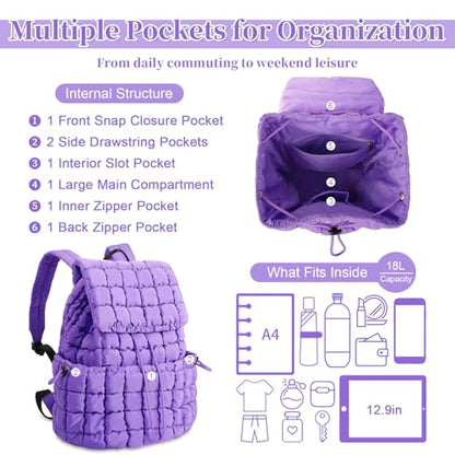 IzuztA Quilted Puffer Backpack for Women, Lightweight Soft Nylon Quilted Hiker Pack Top Flap Drawstring Backpack, Trendy Puffy Padding Gym Travel Bag for Casual Daypack Hiking Sport (Purple) - color: Purple