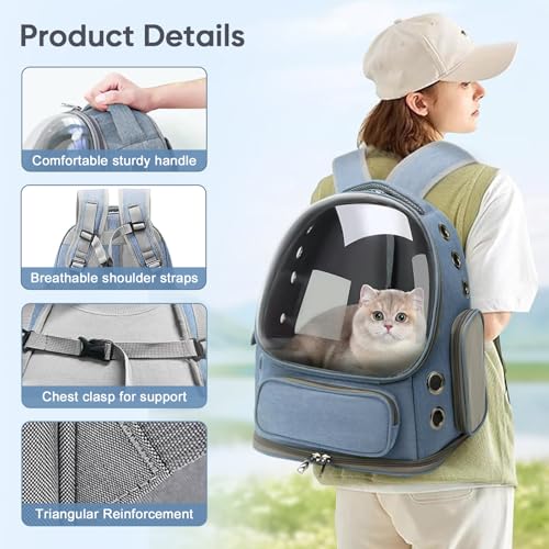 Cat Backpack Carrier, Breathable Cat Bubble Backpack for Kitty & Small Dog, Large Space Cat Carrier Backpack, Foldable Airline Approved Carrier for Trip Vet Travel up to 18lbs（Blue） - color: Blue