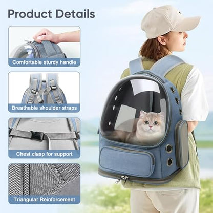 Cat Backpack Carrier, Breathable Cat Bubble Backpack for Kitty & Small Dog, Large Space Cat Carrier Backpack, Foldable Airline Approved Carrier for Trip Vet Travel up to 18lbs（Blue） - color: Blue