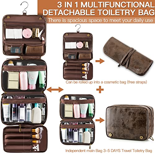 Elviros Hanging Toiletry Bag Removable Travel Bag PU leather Makeup Cosmetic Organizer Kit, Coffee - color: Coffee