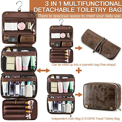 Elviros Hanging Toiletry Bag Removable Travel Bag PU leather Makeup Cosmetic Organizer Kit, Coffee - color: Coffee