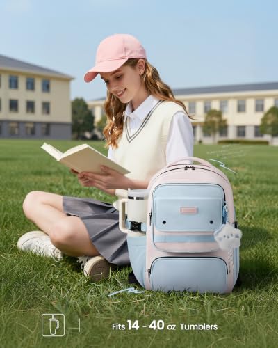 LOVEVOOK School Backpack for Teen Girl, Cute Bookbag with Large Bottle Holder, Lightweight Elementary Middle High School Student Backpack Fits 15.6 Inch Laptop, Back to Schools Kid Gift, Blue-Pink - color: Light Blue - Pink, size: 15.6 Inch