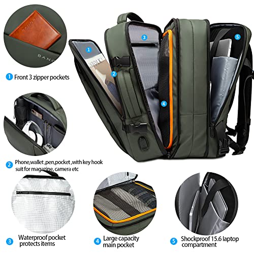 BANGE Expandable Travel Backpack,35LCarry on Backpack for Women Men Airline Approved Gym Backpack Waterproof Business Laptop Daypack… - color: Green, size: 35L(expansion)