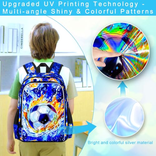 HPJGD 3PCS Soccer Backpack for Boys, Water Resistant Kids Bookbag Set with Lunch Box, Cool School Bag for Elementary Preschool Toddler - Fire & Water Soccer - color: Cool Uv Printed Fire and Water Soccer Blue