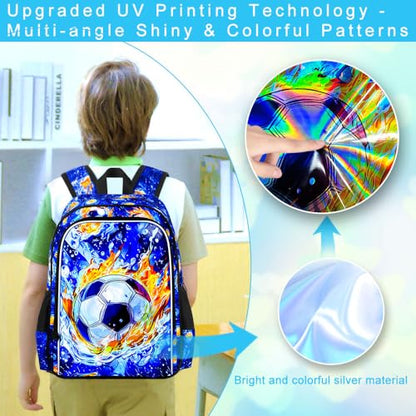 HPJGD 3PCS Soccer Backpack for Boys, Water Resistant Kids Bookbag Set with Lunch Box, Cool School Bag for Elementary Preschool Toddler - Fire & Water Soccer - color: Cool Uv Printed Fire and Water Soccer Blue