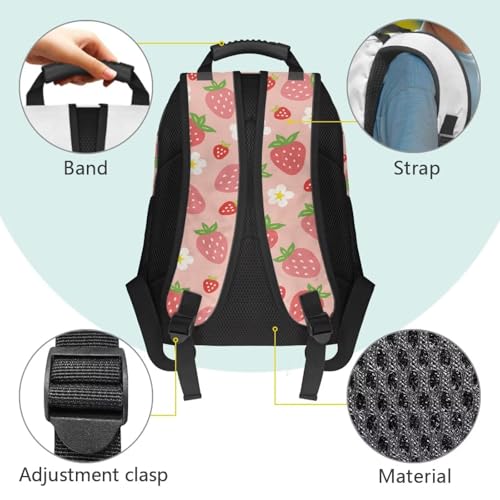 Pink Strawberry Floral Print Trendy All-Over Print Laptop Backpack for Girls & Boys - Durable Polyester School Bagpack with Two Mesh Side Pockets, Padded Shoulder Straps (17.3x12.2x5.9in) - color: Pink Strawberry Floral Print