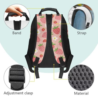 Pink Strawberry Floral Print Trendy All-Over Print Laptop Backpack for Girls & Boys - Durable Polyester School Bagpack with Two Mesh Side Pockets, Padded Shoulder Straps (17.3x12.2x5.9in) - color: Pink Strawberry Floral Print